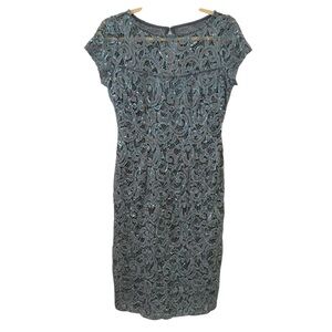 Marina Small Blue Gray Sequin Lace Cap Sleeve Sheath Dress Cocktail